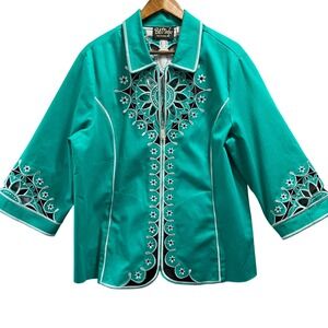 Bob Mackie Wearable Art‎ Jacket Women XL Teal Embroidered Cutout Zip Artsy Boho